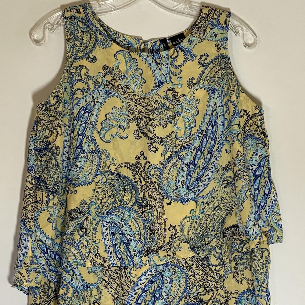 New Directions Top Womens Small Yellow Blue Paisley Sleeveless Tunic Blouse - Picture 2 of 15